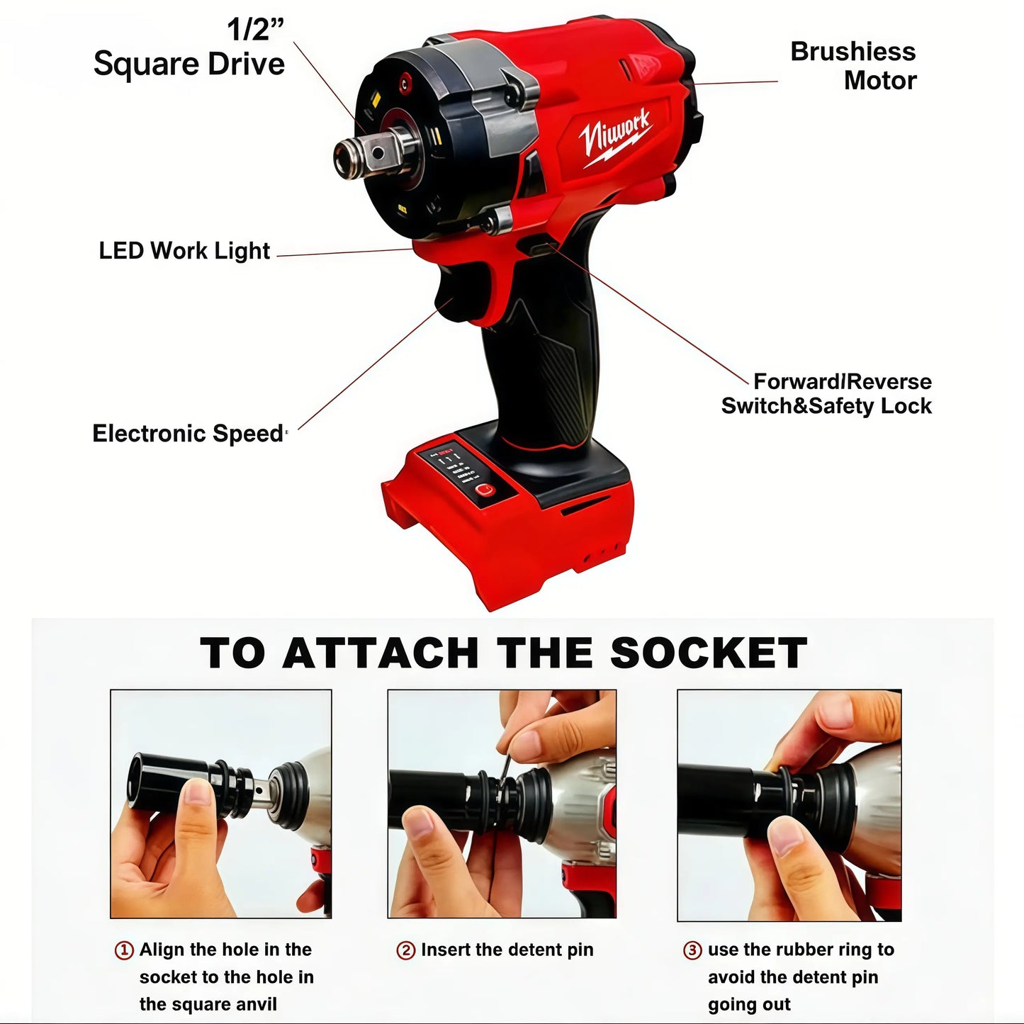 Niuwork 1/2" 350N·M Brushless Cordless Impact Wrench, M18 Battery Compatible – Ideal for Home DIY & Light Repairs Outdoorfun